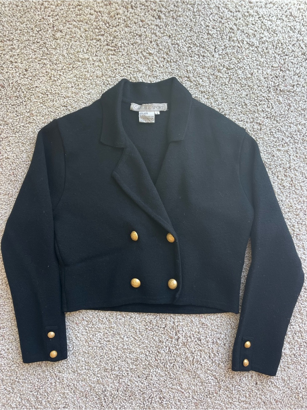Carlisle Black Cropped Double-Breasted 100% Wool Blazer with Gold Buttons